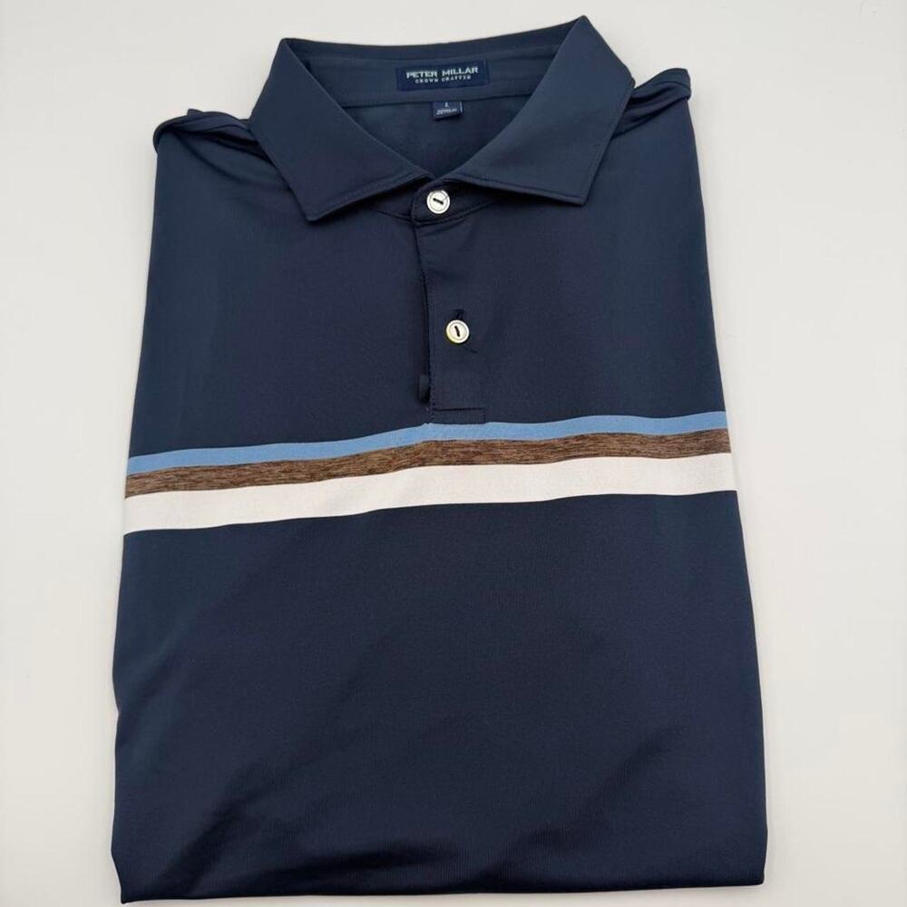 Peter millar crown crafted polo size large navy w light blue white brown stripe
